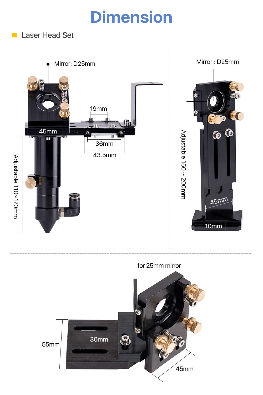 CO2 Metal Parts Set E Series Transmission Laser Head Mechanical Components for DIY Laser Machine