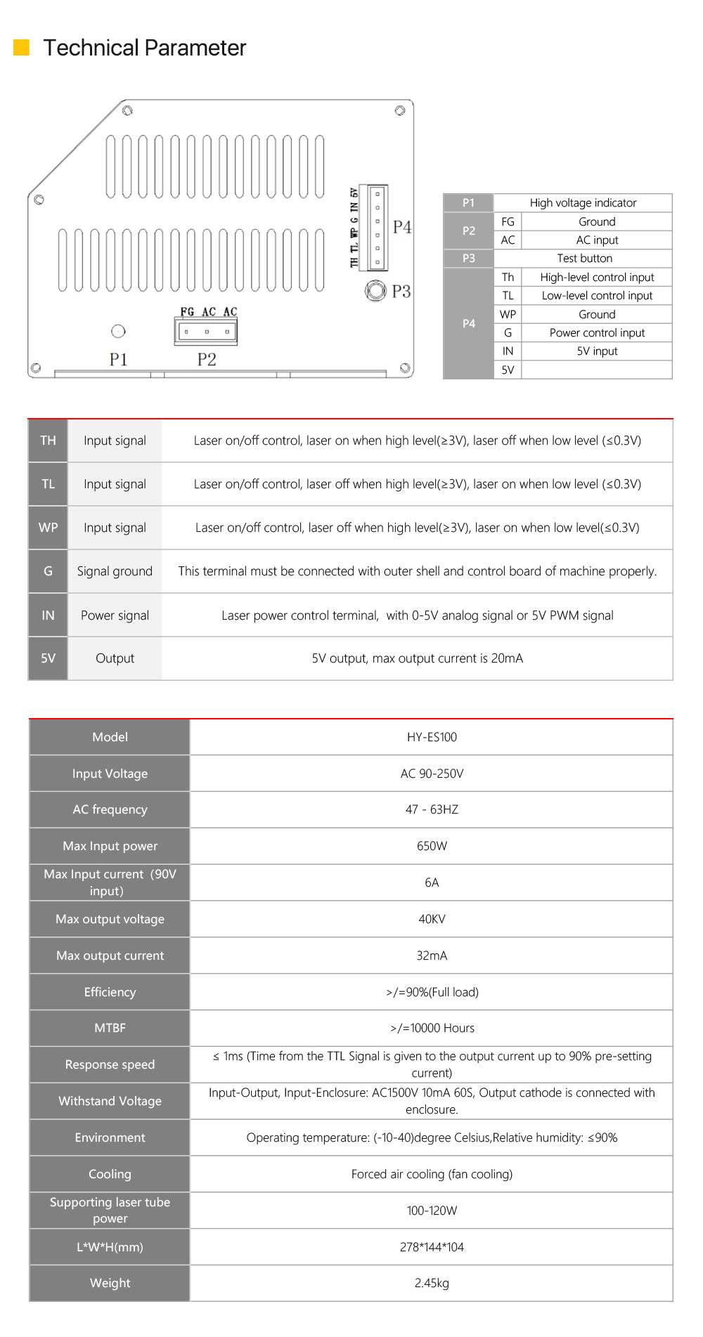 Raylasers 100-120W HY-Es Series CO2 Laser Power Supply