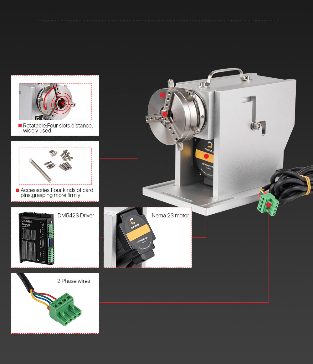 Rotary Attachment Diameter 69mm with Nema23 Motor DM542S Driver for Cuboid Objects Circular Fiber Marking Machine