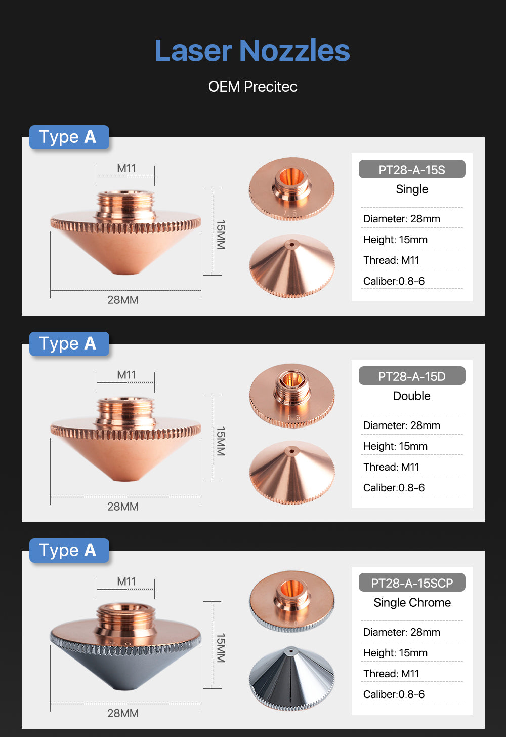 A Type Precitec Cutting Nozzles Single( Double) Layer (Chorme Plated) D28mm H11 H15mm Caliber 0.8 6.0mm
